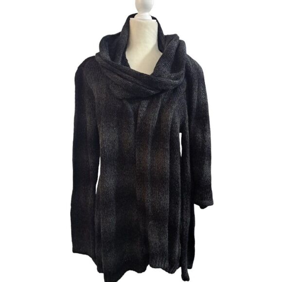 Elie Tahari Woman's Knit Open Cardigan Removable Scarf Grey Black Long Sleeves L - Picture 1 of 10